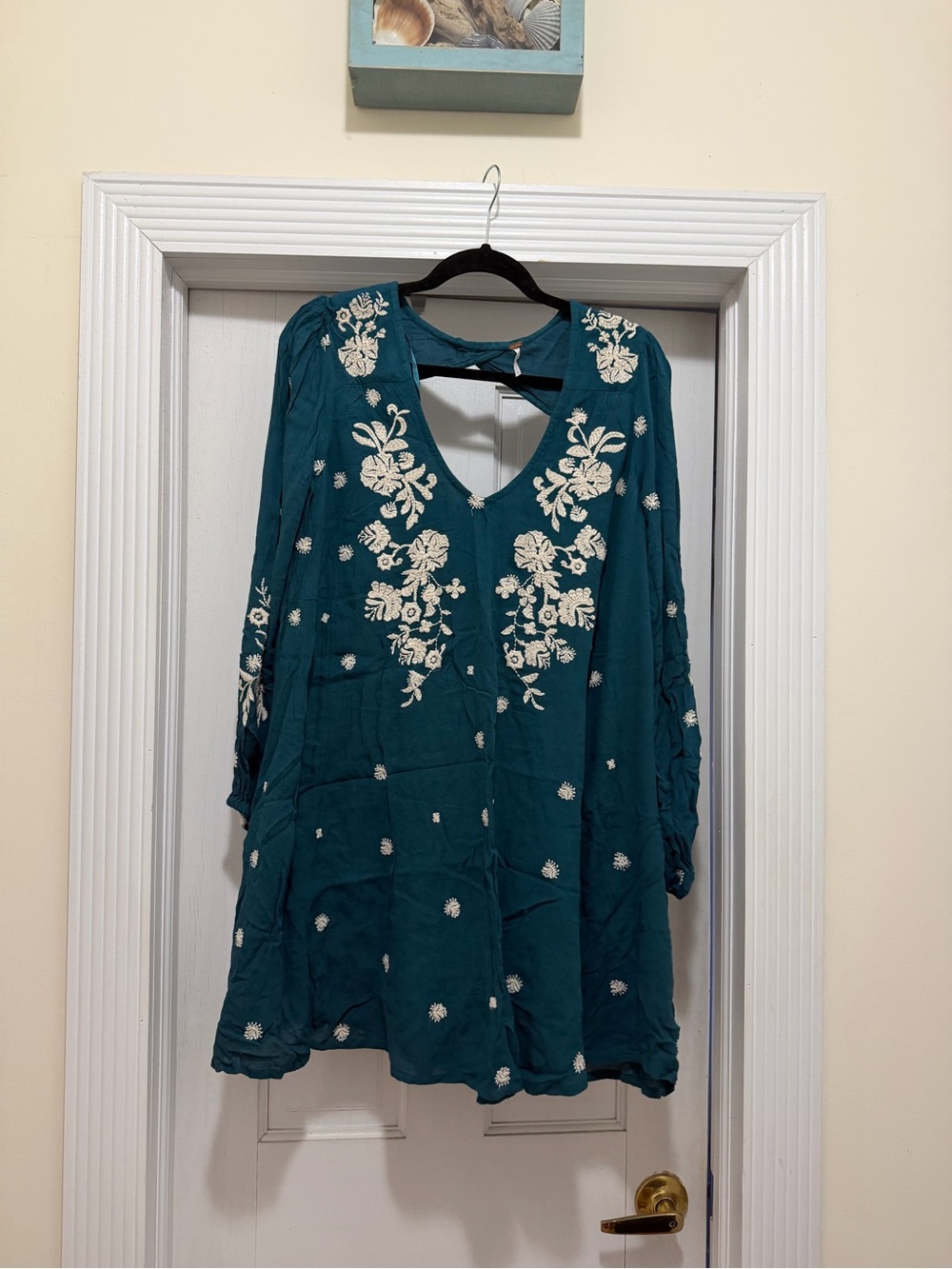 Free People Teal Long-Sleeve Embroidered Tunic Dress